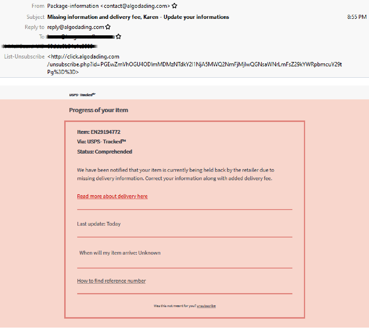 USPS email scam “Missing information and delivery fee”